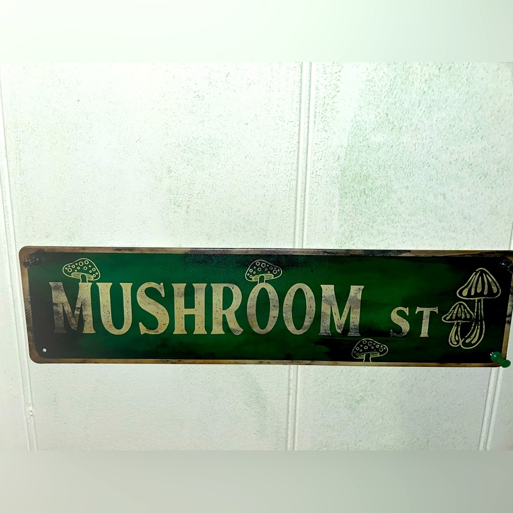 Green Mushroom Street Tin Sign Whimsical Decor
